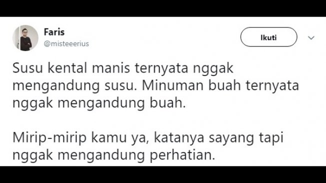 Cuitan warganet perihal susu kental manis. [Twitter]