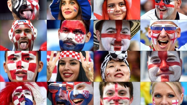 Kolase foto wajah-wajah pendukung timnas Kroasia dan timnas Inggris, jelang laga semifinal antara keduanya di Stadion Luzhniki, Moskow, Rabu (11/7/2018) ini. [AFP]