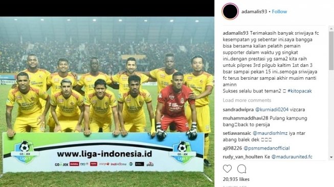 Salam perpisahan Adam Alis Setyano dengan Sriwijaya. [Instagram@adamalis93]