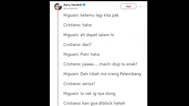 Cuitan warganet dialog imajiner seputar perpindahan Cristiano Ronaldo ke Juventus. [Twitter]