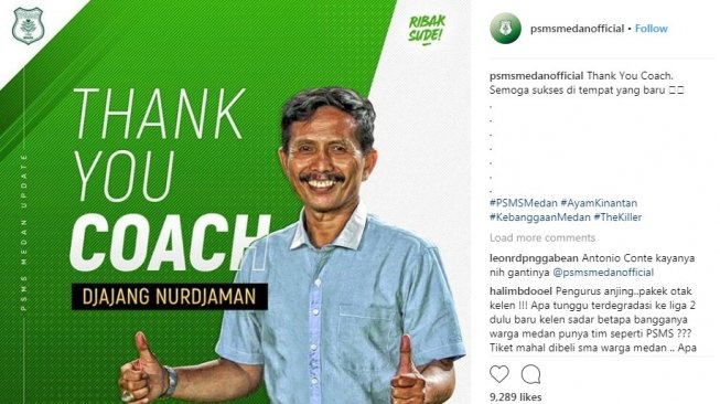 Djajang Nurdjaman dipecat. [Instagram@psmsmedanofficial]