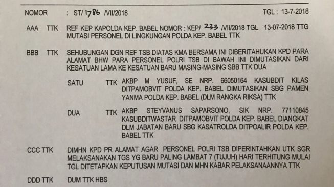 Surat Telegram pemecatan AKBP M. Yusuf. (ist)