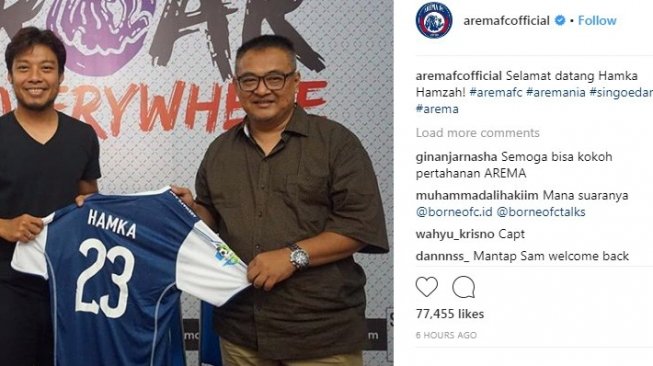 Manajemen Arema mengumumkan dua rekrutan baru dari Sriwijaya, Hamka Hamzah dan Alfin Tuasalamony. [Instagram@aremaofficial]