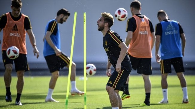 Suasana latihan timnas Belgia di Dedovsk, pinggiran Moskow, jelang laga perebutan posisi ketiga Piala Dunia 2018 melawan Inggris yang akan digelar Sabtu (14/7/2018). [Alexander NEMENOV / AFP]