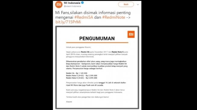 Pengumuman kenaikan harga Xiaomi. [Twitter]