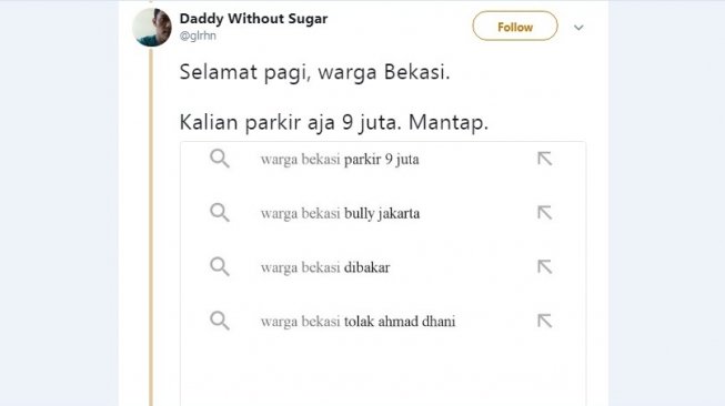 Cuitan warganet saat mencari warga bekasi di Google Search. [Twitter]