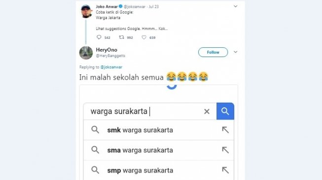 Cuitan warganet saat mencari warga surakarta di Google Search. [Twitter]
