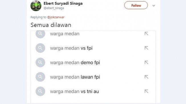 Cuitan warganet saat mencari warga medan di Google Search. [Twitter]