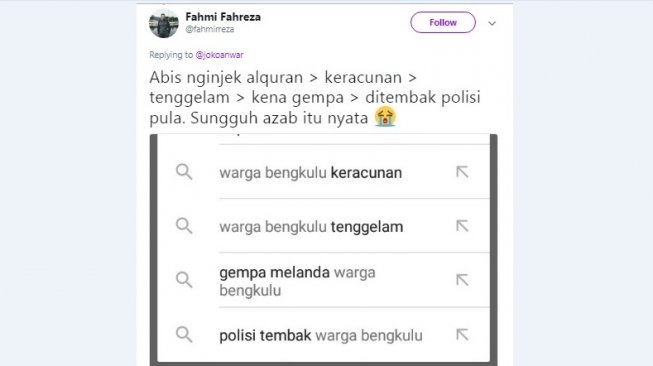 Cuitan warganet saat mencari warga bengkulu di Google Search. [Twitter]