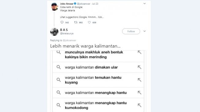 Cuitan warganet saat mencari warga kalimantan di Google Search. [Twitter]