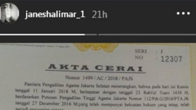 Jane Shalimar mengunggah akta cerai dari Didi Mahardika di Insta Story-nya.