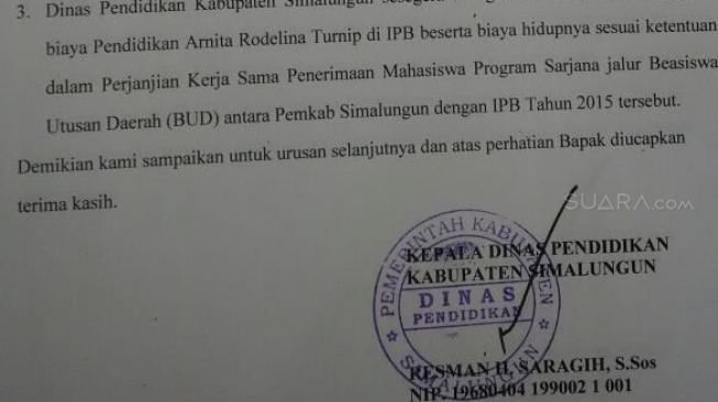 Surat Keputusan Dinas Pendidikan Simalungun, Sumatera Utara, yang mau mengaktifkan kembali Beasiswa Utusan Daerah milik Arnita Rodelina Turnip. [dok. Ombudsman RI Sumatera Utara]