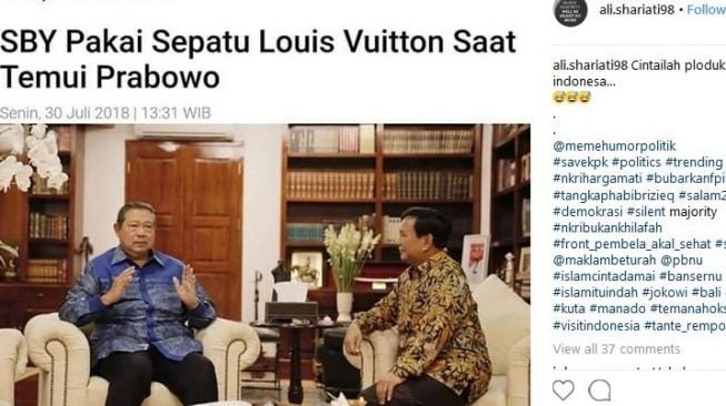 Warganet mengomentari sepatu Luis Vuitton (LV) yang dipakai Ketua Umum Partai Demokrat Susilo Bambang Yudhoyono saat bertemu Ketua Umum Partai Gerindra Prabowo Subianto, Senin (30/7/2018), di kediaman Prabowo di Jalan Kertanegara, Kebayoran Baru, Jakarta Selatan. (@ali.shariati98/Instagram)