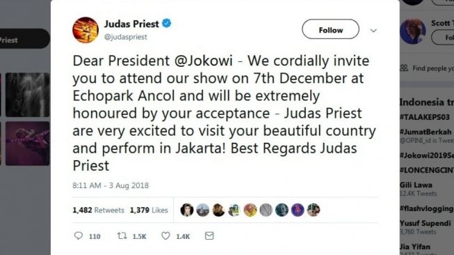 Cuitan band Judas Priest yang mengundang Jokowi lewat akun Twitter mereka. [Akun Twitter @judaspriest/captured]