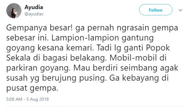 Ayudia Bing Slamet ikut merasakan gempa dahsyat yang berpusat di Lombok, NTB. 