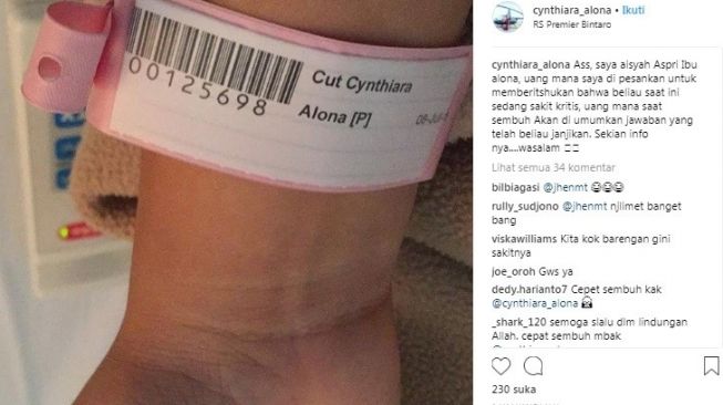 Cynthiara Alona dikabarkan kritis. [Instagram]