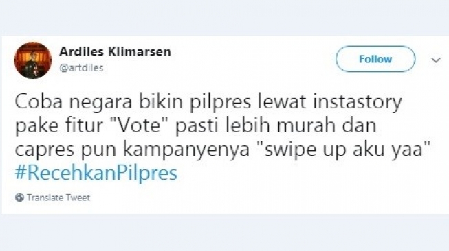 Cuitan Twitter #RecehkanPilpres. [Twitter]