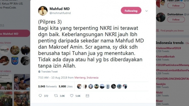 Salah satu cuitan Mahfud MD di Twitter terkait batalnya dirinya dipilih jadi cawapres Jokowi. [Twitter/captured]