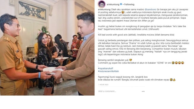 Arie Untung menyampaikan dukungannya pada cawapres Sandiaga Uno melalui Instagram, Jumat (10/8/2018).