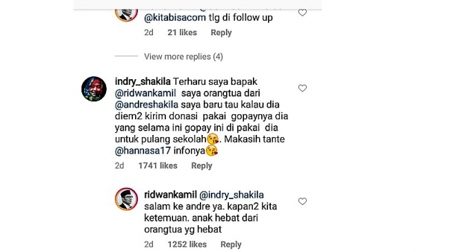 Balasan Ridwan Kamil kepada ibunda Andre Shakila [Sumber: Instagram @ridwankamil].