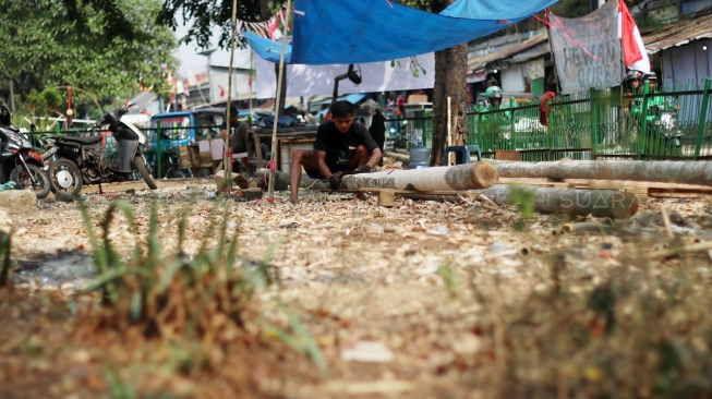 Pedagang menyelesaikan pohon pinang yang akan dijual di kawasan Manggarai, Jakarta, Sabtu (11/8/2018). [Suara.com/Oke dwi Atmaja]