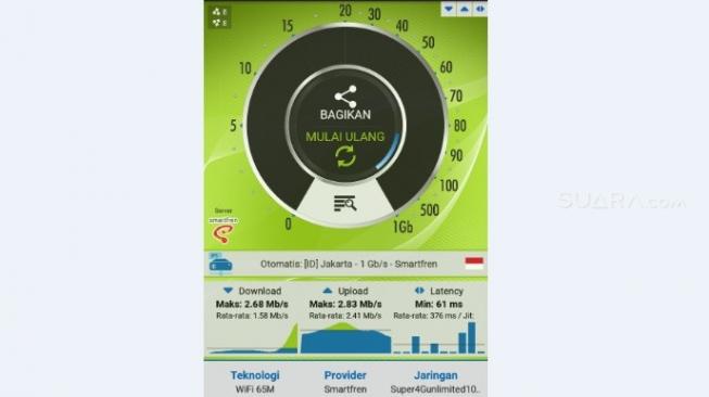 Uji jaringan Smartfren di Yogyakarta, Rabu (15/8/2018). [Screenshot]