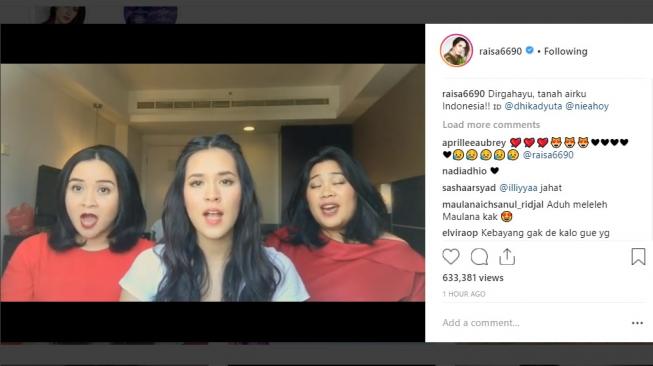 Raisa menyanyikan lagu Tanah Airku versi acapella bersama dua backing vocalnya. 