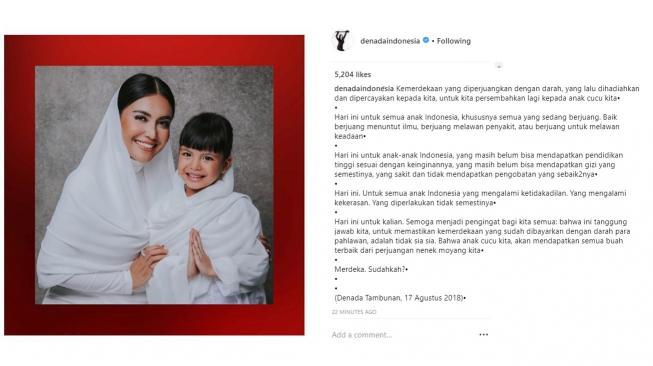 Denada mengungkap paragraf panjang soal makna kemerdekaan yang ia persembahkan untuk anak-anak Indonesia. 