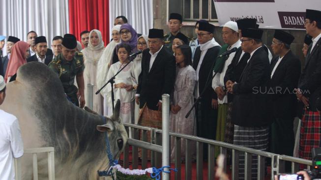 Wakil Presiden Jusuf Kalla menyerahkan simbolis hewan kurban milik Presiden dan wakil Presiden kepada Pengurus Masjid Istiqlal didampingi Ketua MPR Zulkifli Hasan di Masjid Istiqlal, Jakarta, Rabu (22/8). [Suara.com/Muhaimin A Untung]