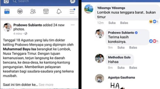 Tulisan di akun Facebook Prabowo Subianto yang menuliskan Lombok berada di NTT, bukan NTB. Setelah diprotes, akun itu memperbaiki kesalahannya. [Facebook/Prabowo Subianto]