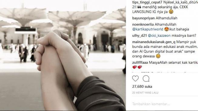 Kartika Putri mengunggah foto tengah bergandegnan tangan dan membuat warganet kalau artis 27 tahun itu sudah menikah. (Instagram)