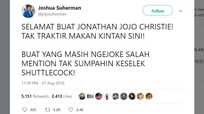 Joshua Suherman marah sambil bercanda di Twiter gara-gara dikira Jonathan Christie. [twitter/@jojosuherman]