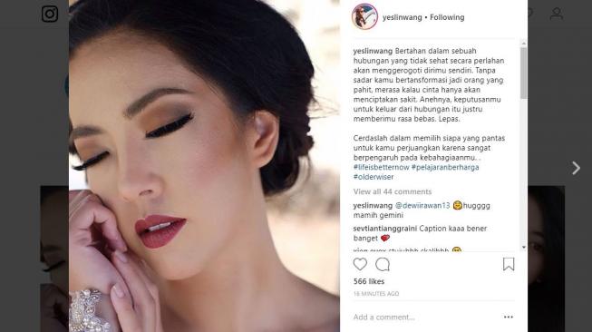 Yeslin Wang bicara soal hubungan tak sehat di tengah proses perceraiannya dengan Delon Thamrin. [instagram/yeslinwang]