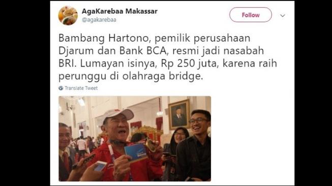 Cuitan netizen soal hadiah Bambang Hartono. [Twitter]