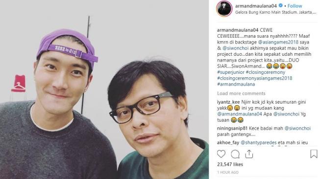 Ketika Armand Maulana pamer selfie dengan Choi Siwon dan berkhayal terlibat satu proyek yang sama. [instagram/armandmaulana04]