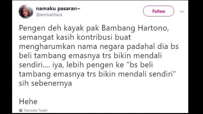 Cuitan warganet soal hadiah Bambang Hartono. [Twitter]