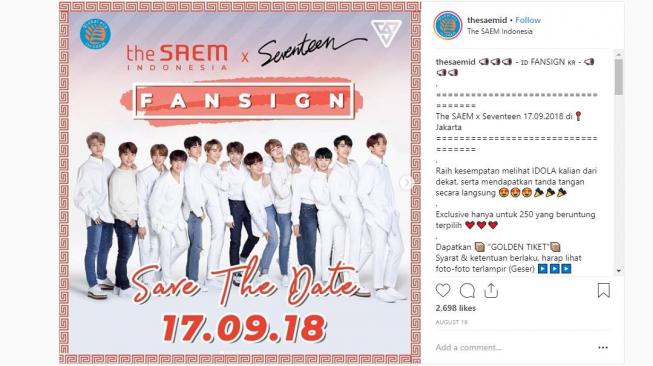 Seventeen akan mengadakan fansign, sehari setelah konsernya di Jakarta, 16 September 2018. [instagram/thesaemid]