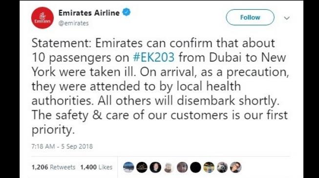 Penumpang penerbangan Emirates yang dikarantina di Bandara JFK, AS. [Twitter]