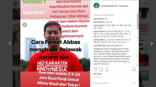 Farhat Abbas melayangkan somasi terhadap komedian Pandji Pragiwaksono. [instagram/farhatabbastv226]