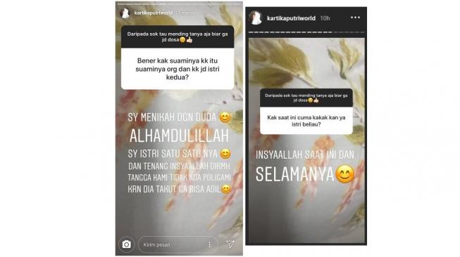 Kartika Putri menegaskan suaminya tak akan melakukan poligami karena takut tak bisa berlaku adil. [instagram/kartikaputriworld]