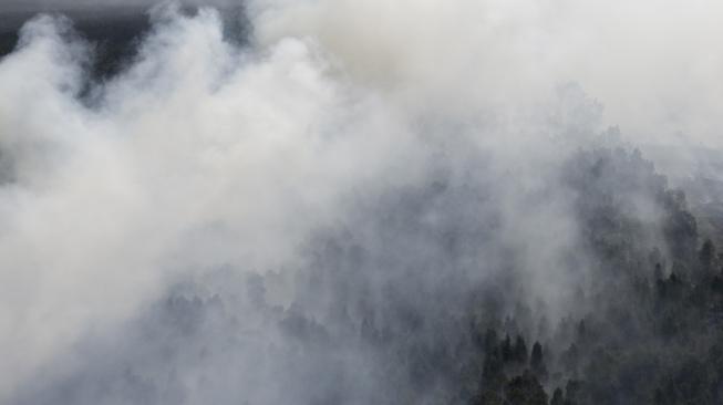 Asap membubung tinggi dari lahan yang terbakar di Tulung Selapan, Ogan Komering Ilir (OKI), Sumatera Selatan