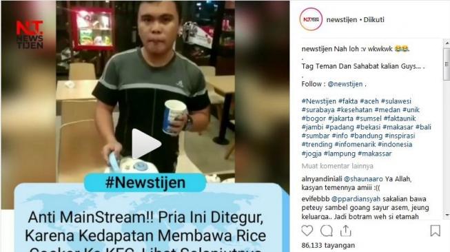 Anti Mainstream, Pria ini bawa nasi se-rice cooker ke KFC [Instagram]