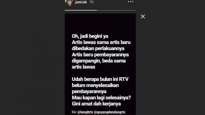 Joni Iskandar menyampaikan protes pada pihak RTV. [instagram/joni.isk]