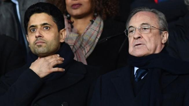 Presiden klub PSG Nasser Al-Khelaifi (kiri) bersama presiden Real Madrid Florentino Perez [AFP]