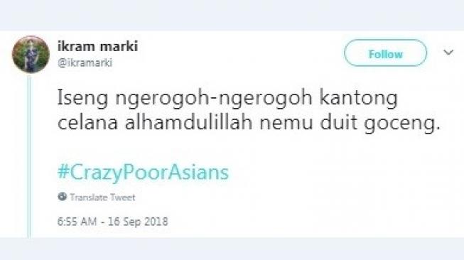 Cuitan warganet #CrazyPoorAsians. [Twitter]