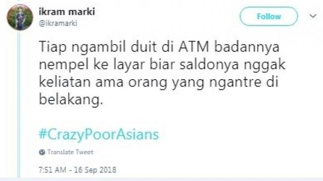 Cuitan warganet #CrazyPoorAsians. [Twitter]