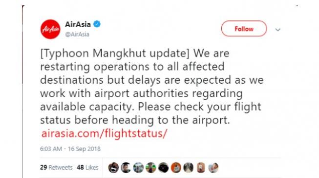 Cuitan AirAsia di Twitter terkait Topan Mangkhut. (twitter.com/@airasia)