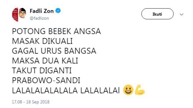 Pelesetan lagu "Potong Bebek Angsa" yang di-tweet Fadli Zon. [Twitter@fadlizon]