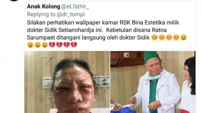 Tweet dugaan Ratna Sarumpaet operasi plastik. (capture Twitter) 