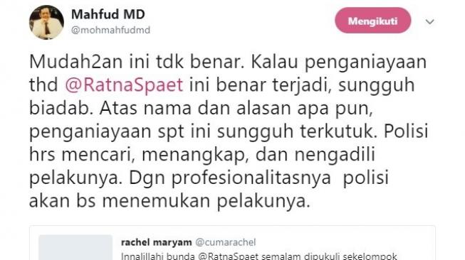 Mahfud MD mendesak polisi mengungkap kasus penganiayaan yang menimpa Ratna Sarumpaet. (Twitter)